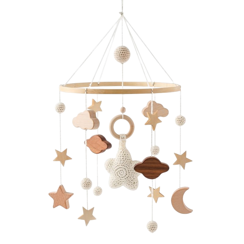H897631ea79794fd3acce08780faf21feb Houten mobiel voor de babykamer met sterren, wolken en maan voor rustige decoratie en visuele stimulatie - Afbeelding 1