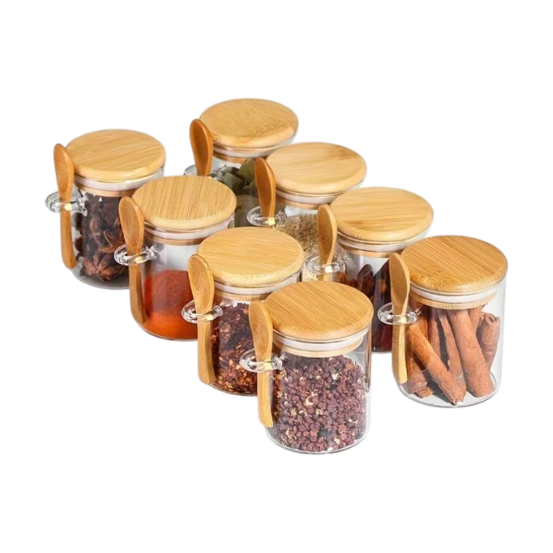 Voorraadpotjes van borosilicaatglas met deksel en houten lepel – 10 st. van 280 ml