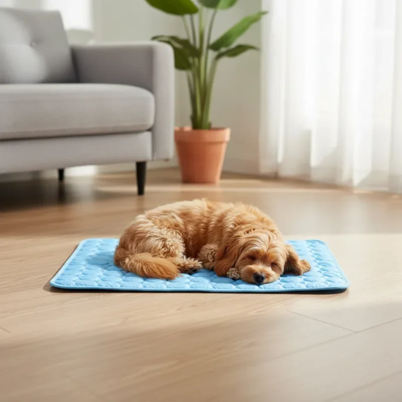 Hond slaapt op een koelmat op een houten vloer in een lichte woonkamer