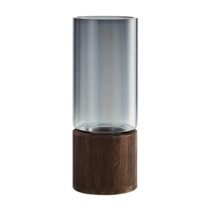 Glazen vaas met houten voet – cilindervaas van rookglas 25 cm